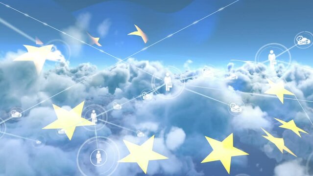 Animation of network of connections with people icons over european union flag, sky with clouds