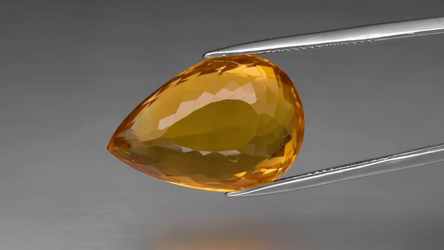 natural orange citrine pear faceted cut in the tweezer on the turning table