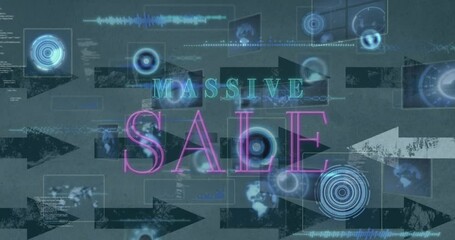 Animation of massive sale text and data processing with arrows on white background - Powered by Adobe