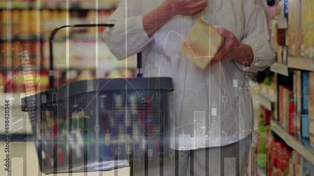 Canvas Prints Animation of data processing over senior caucasian woman with basket in shop