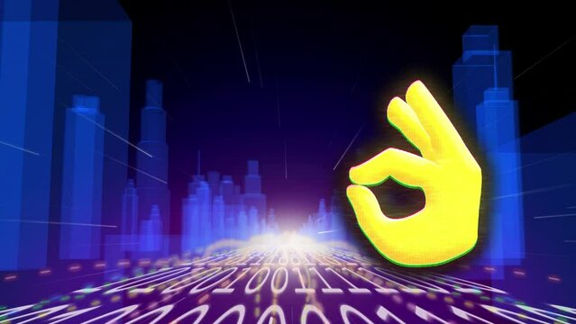 Animation of hand icon and binary coding over digital city