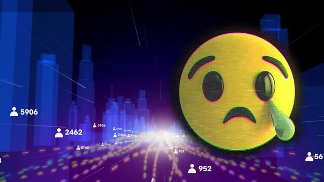 Animation of emoji icon over digital city