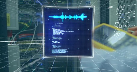 Animation of data processing over caucasian woman inspecting server room - Powered by Adobe