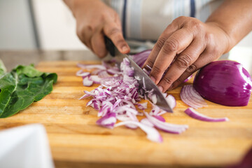 Midsection of woman chopping fresh onions with knife on cutting board at home