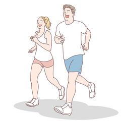 Woman with man wearing white shirt jogging happy gesture isolated on white background llustration