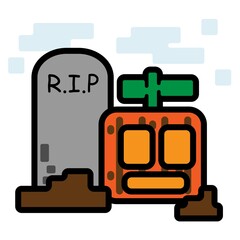 Cute Square Rest In Peace Tombstone and Halloween Pumpkin Head Flat Design Cartoon for Shirt, Poster, Gift Card, Cover or Logo
