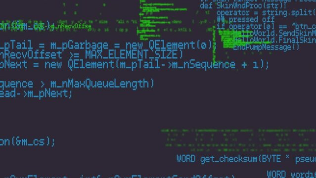 Animation of computer code processing on navy background