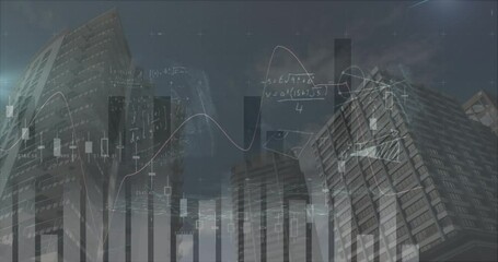 Animation of statistics processing and mathematical equations over cityscape - Powered by Adobe