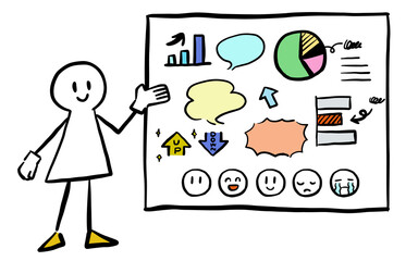 とてもシンプルな人物がホワイトボードで説明しているイラストセット