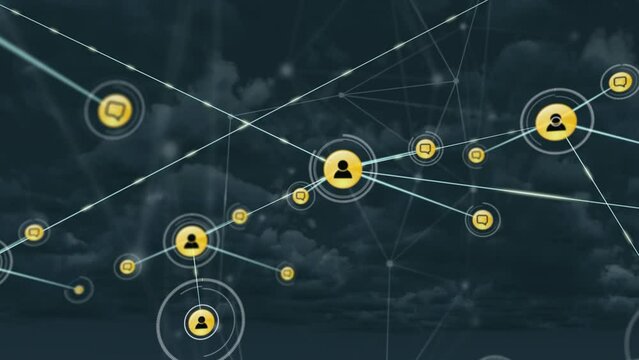 Animation of network of connections with people icons over sky and clouds