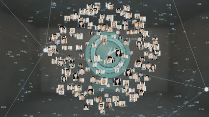 Animation of globe made of photos of diverse users and connections over grey background - Powered by Adobe