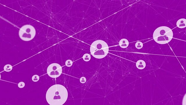 Animation of network of connections with icons over pink background with constellations
