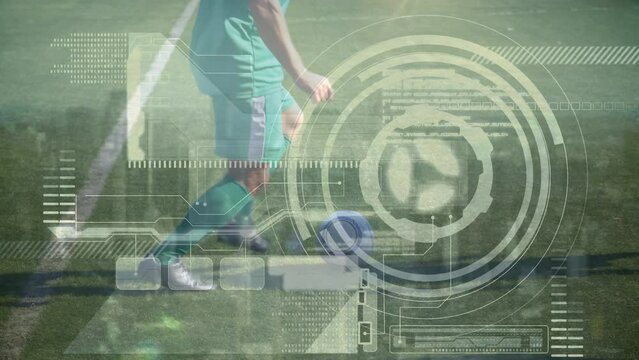 Animation of diverse data processing over caucasian male soccer players - Powered by Adobe