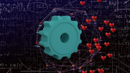 Animation of hearts floating over gear and math formulas - Powered by Adobe