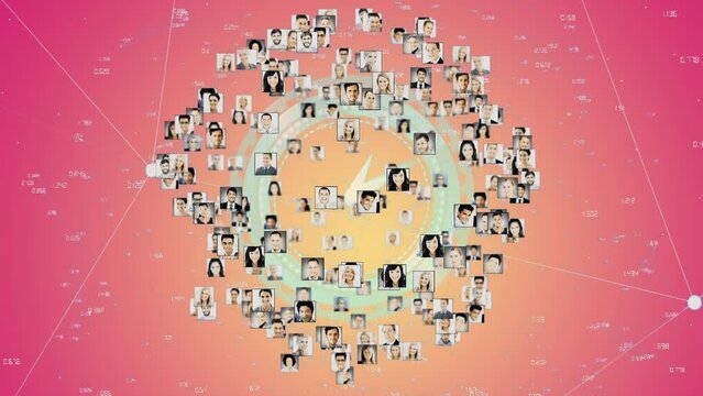 Animation of globe made of photos of diverse users and clock over pink background