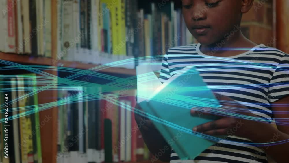 Wall mural Animation of connections and data processing over schoolgirl reading