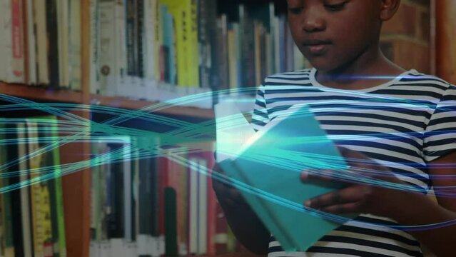 Animation of connections and data processing over schoolgirl reading