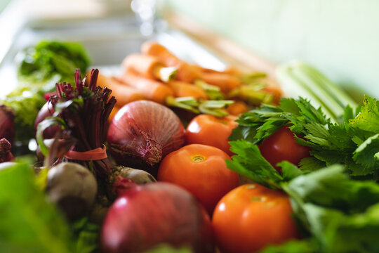 Close-up of fresh organic vegetable variations on kitchen counter at home