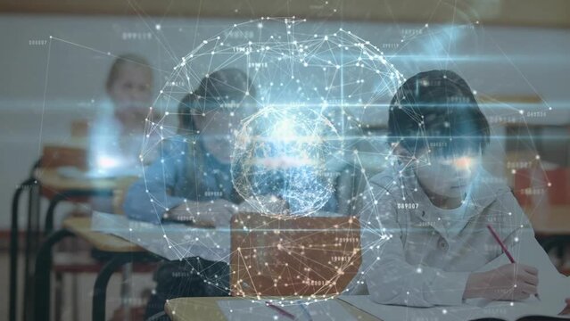 Animation of globe with network of connections over schoolgirl writing