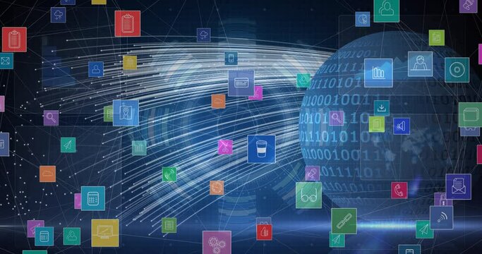 Digital animation of multiple digital icons floating against binary coding on globe