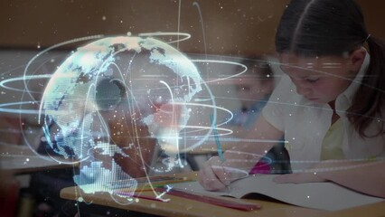 Animation of globe with network of connections over schoolgirl writing - Powered by Adobe