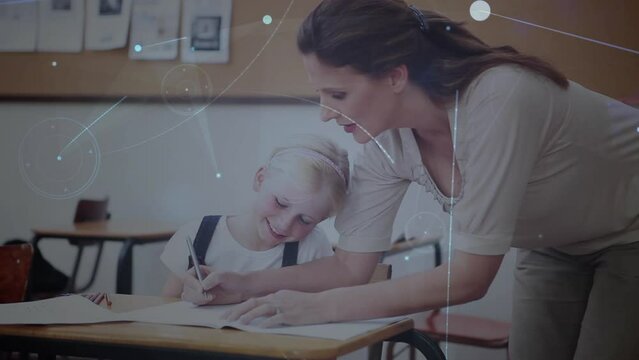 Animation of network of connections over female teacher and schoolgirl writing - Powered by Adobe