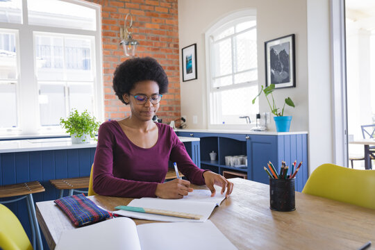 African American Teenage Girl Writing In Book While Studying At Home