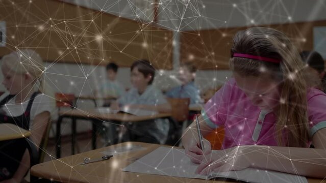 Animation of network of connections over schoolgirls writing