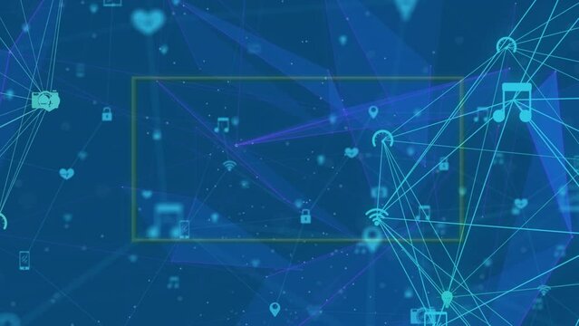 Animation of neon frame over network of connections over on blue background