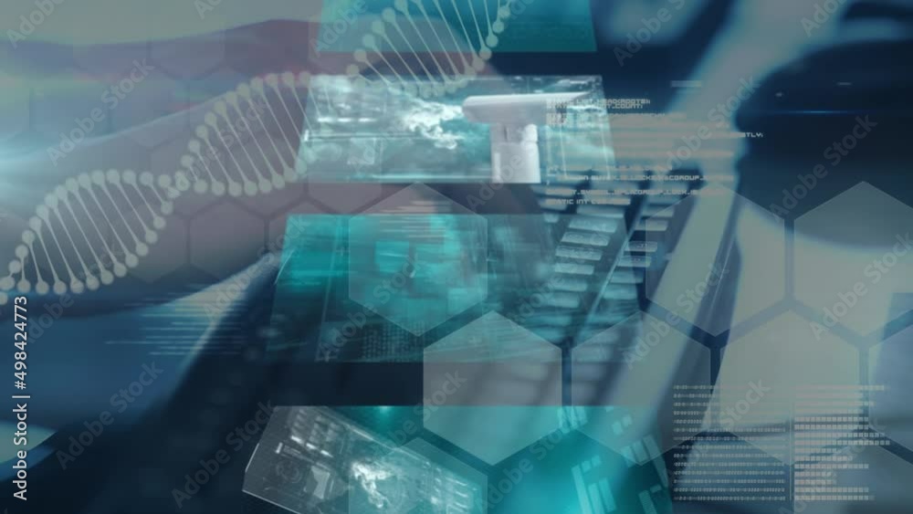 Wall mural Multiple screens with data processing and dna structure against person typing on keyboard