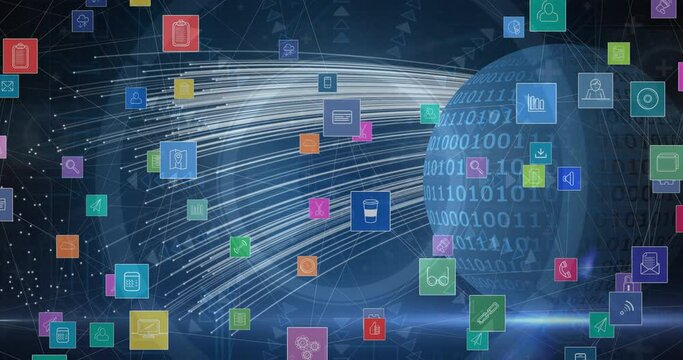 Digital animation of multiple digital icons floating against binary coding on globe
