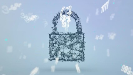 Multiple changing numbers floating over network of connections forming a security padlock