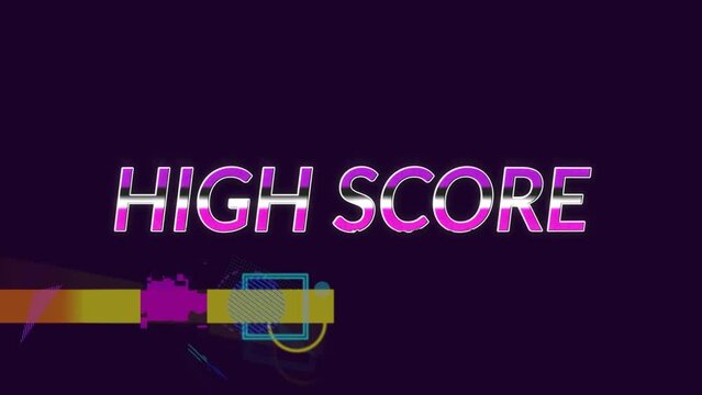 Digital animation of high score text banner against colorful abstract shapes on black background