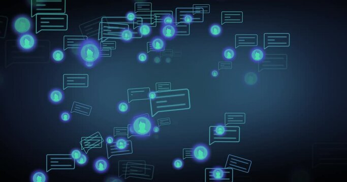 Animation of social media icons and speech bubbles on blue background