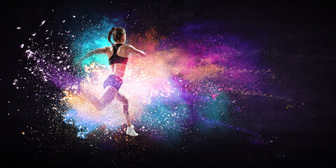 Fototapeta na wymiar Athletic woman runner on colourful background