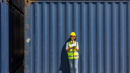 Young African American female trainee check cargo containers and stocks in a logistic warehoused....