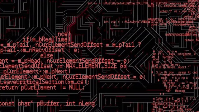 Digital animation of data processing against microprocessor connections on black background
