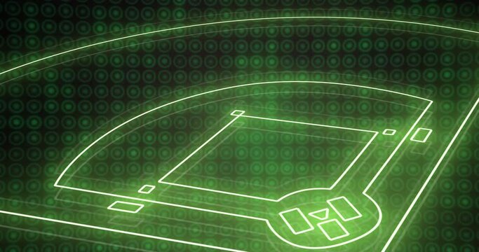 Animation of neon sports stadium over green circles in row on black background
