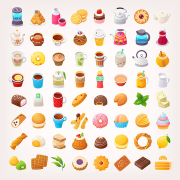 Big variety of colorful foods drinks and desserts from many countries of the world.  Pastry, desserts, fun fair treats, breakfast, lunch snacks tea and coffee.  Set of isolated vector cartoon icons.