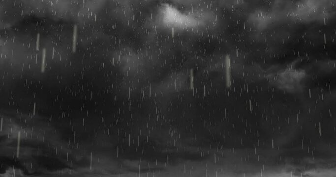 Animation of heavy rain falling over lightning and stormy grey clouds background
