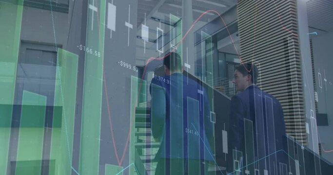 Statistical data processing against two caucasian businessmen walking up the stairs at office