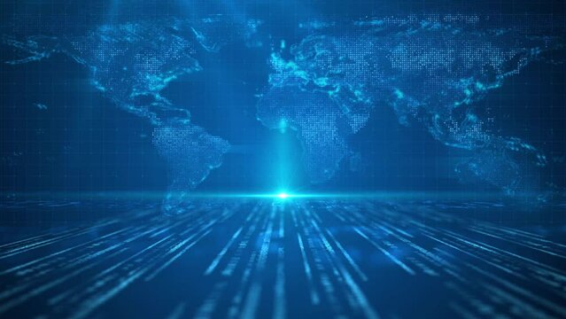Blue technology world map, digital particle text lines. You can use for news background, news opening, corporate publicity, product introduction.