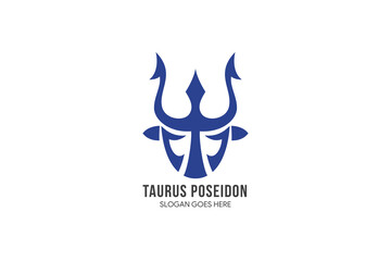 buffalo poseidon logo design template. blue color in shape and black on text. isolated on horizontal background.