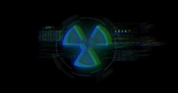 Animation of green nuclear sign and data processing with glitch over black background