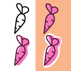 Set of doodle hand drawn carrot icons on the white and pink colors on the peach background for web, stickers and design