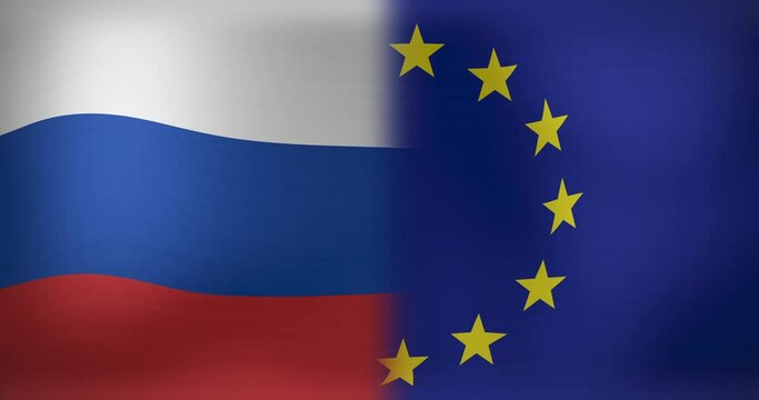 Animation of moving and floating flags of russia and eu