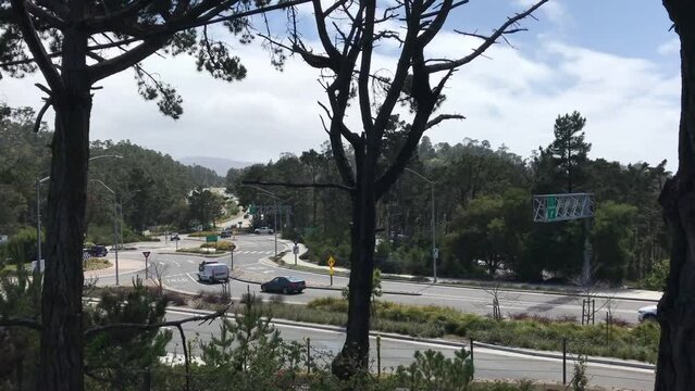 Roundabout and road to enter Pebble Beach and Highway 1 southbound