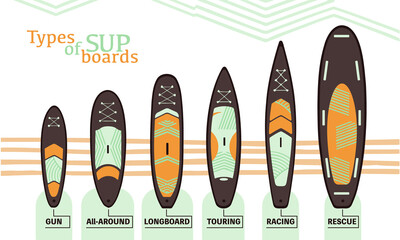 Stand Up Paddle boarding elements collection. SUP surfing vector illustration set of different boards types like gun, all-round, longboard, touring, racing and rescue isolated