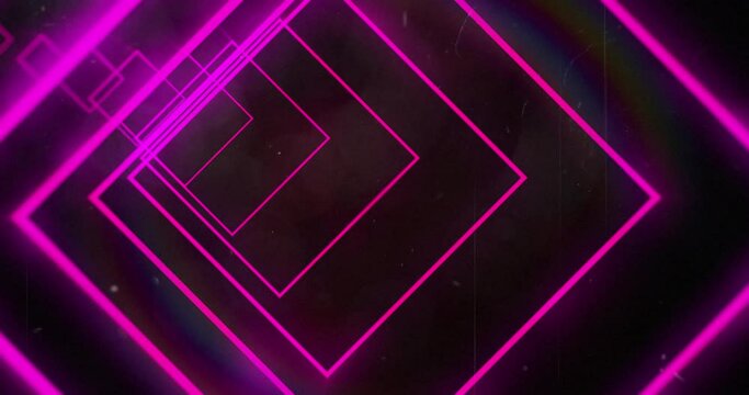 Animation of glowing neon pink abstract tunnel with circles moving on black background