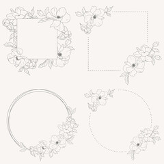 doodle line art peony flower bouquet wreath frame elements collection